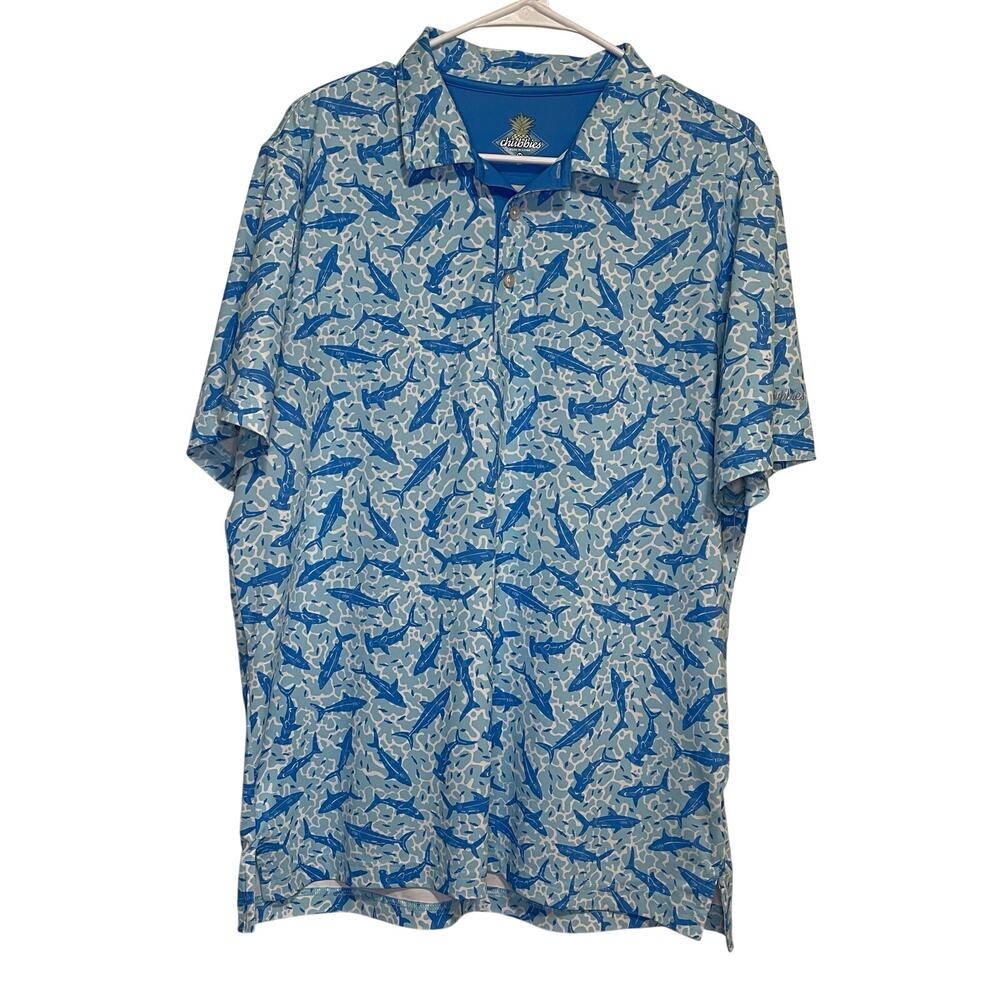 Chubbies Men's Medium Blue White Shark Allover Casual Golf Polo Shirt Beach